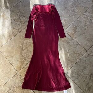EYWOL Burgundy Ribbed Shimmer Long Sleeve Maxi Dress Romantic Evening Gown NEW